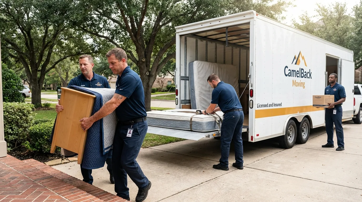 Crew loading residential truck for cross-state move from Dodgeville, WI