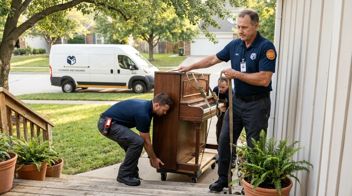 Licensed piano movers securing grand piano in Dodgeville, WI