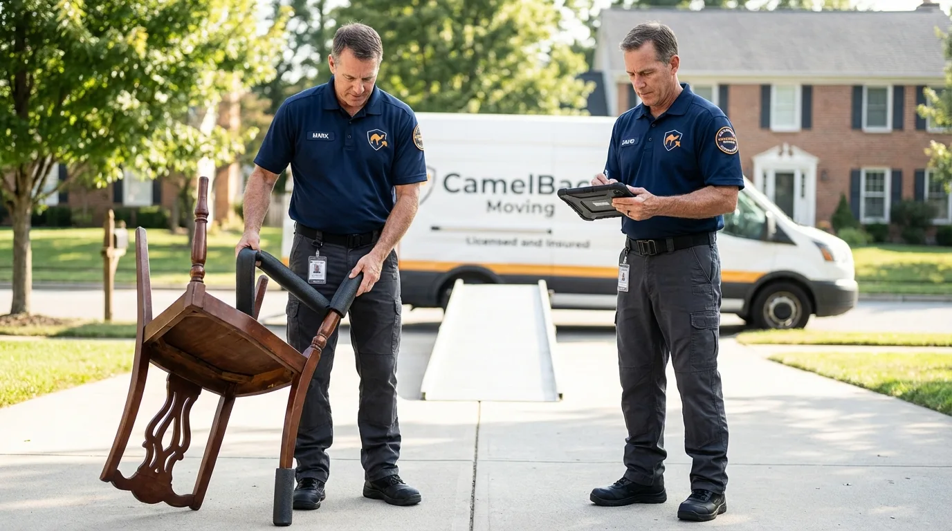 Movers inspecting furniture for damage prevention before loading in Dodgeville, WI