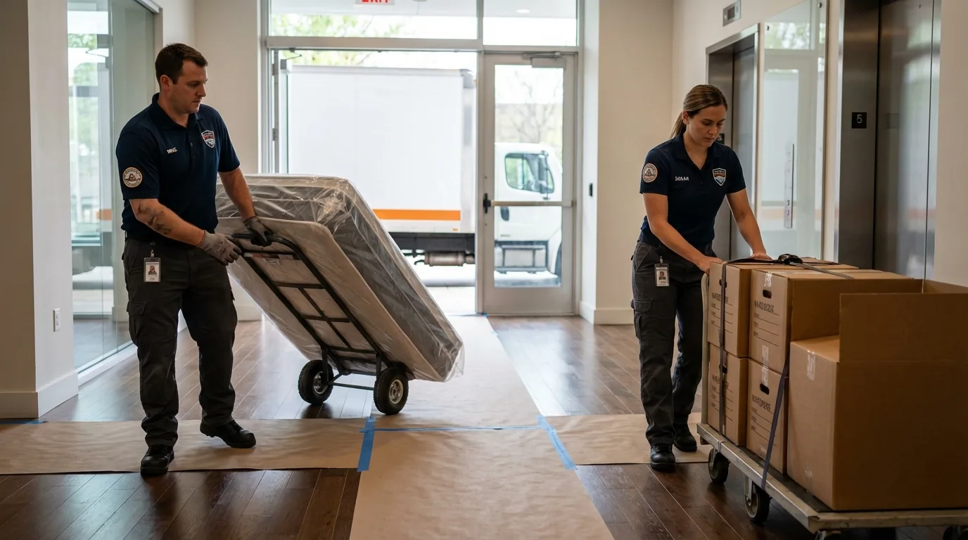 Professional apartment movers loading elevator in Dodgeville, WI