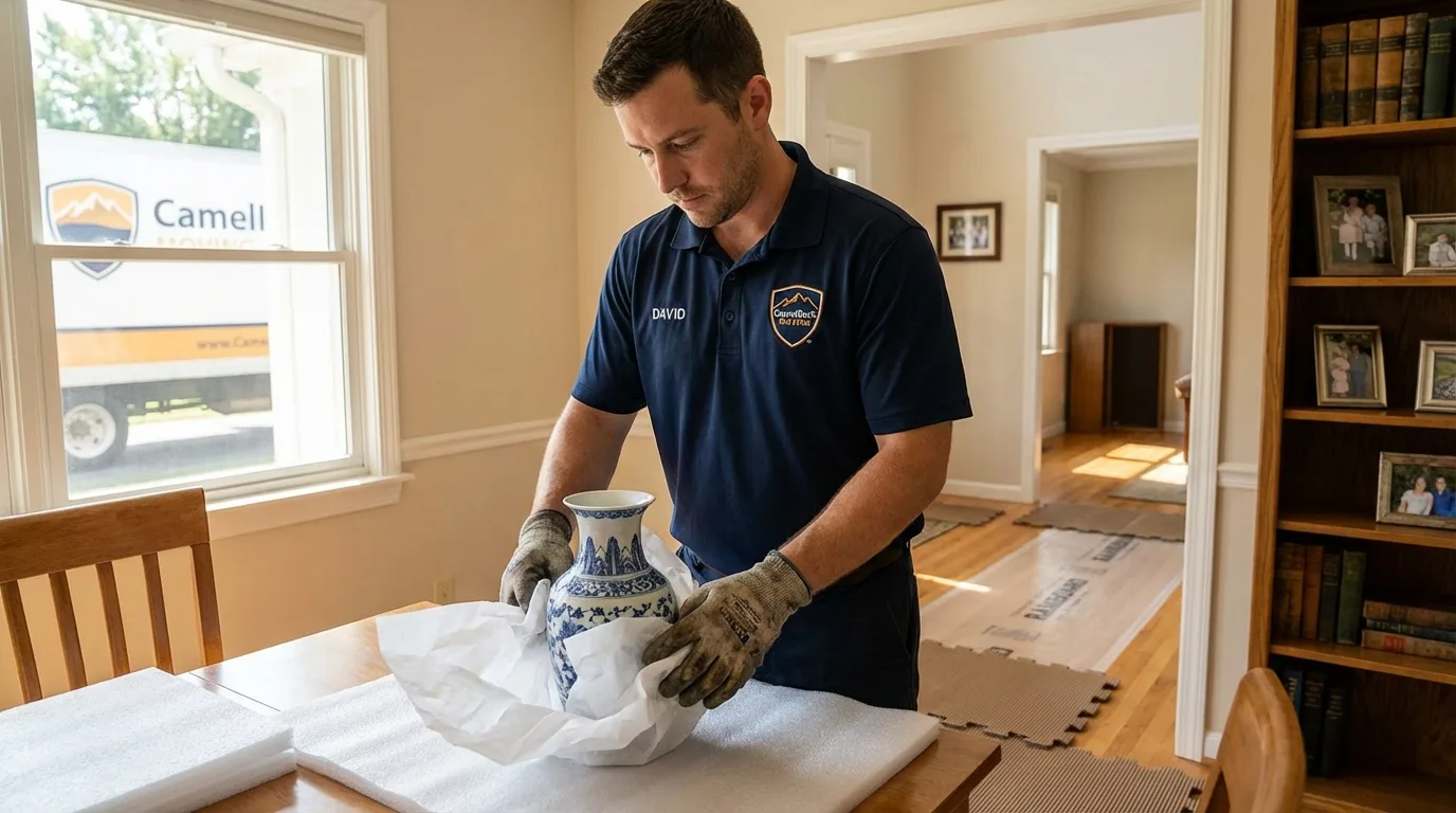 Professional crew carefully wrapping antique vase for senior downsizing move in Dodgeville, WI