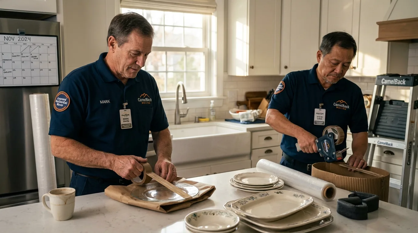 Professional crew packing kitchen dishware in Dodgeville, WI